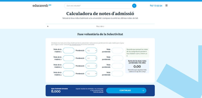 Nueva calculadora de notas de admisión de Educaweb