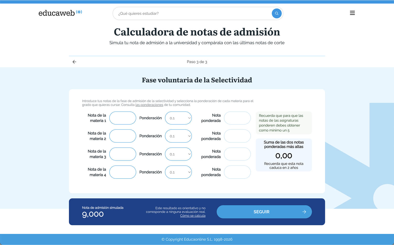Nueva calculadora de notas de admisión de Educaweb